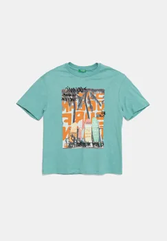 United Colors of Benetton tricou de bumbac pentru copii culoarea turcoaz, cu imprimeu, 3SLUC10P8 imagine