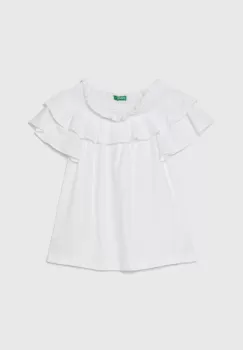 United Colors of Benetton tricou din amestec de in pentru copii culoarea alb, decolteu spaniol imagine