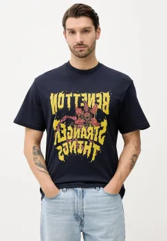 United Colors of Benetton tricou din bumbac x Stranger Things culoarea albastru marin, cu imprimeu, 3BL0U10BB imagine