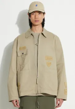 Universal Works geaca din denim Gower barbati, culoarea verde, de tranzitie, 30108.STONE imagine