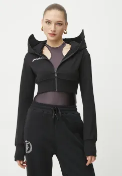 Versace Jeans Couture hanorac de bumbac femei, culoarea negru, cu gluga, cu imprimeu, 78HAIC08 CF00C imagine