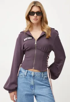 Versace Jeans Couture hanorac de bumbac femei, culoarea violet, cu gluga, cu imprimeu, 77HAI304 F0010 imagine
