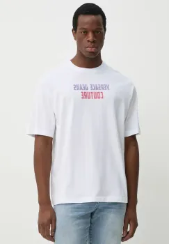 Versace Jeans Couture tricou din bumbac barbati, culoarea alb, cu imprimeu, 78GAHC02 CJ01C imagine