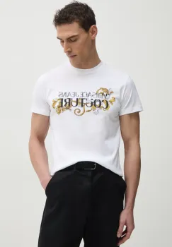 Versace Jeans Couture tricou din bumbac barbati, culoarea alb, cu imprimeu, 78GAHC05 CJ01C imagine