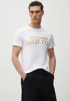 Versace Jeans Couture tricou din bumbac barbati, culoarea alb, cu imprimeu, 78GAHT05 CJ00T imagine