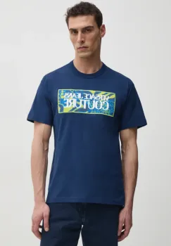 Versace Jeans Couture tricou din bumbac barbati, culoarea albastru marin, cu imprimeu, 78GAHE04 CJ00E imagine