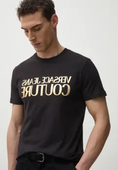 Versace Jeans Couture tricou din bumbac barbati, culoarea negru, cu imprimeu, 78GAHT05 CJ00T imagine