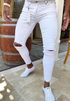Blugi adolescenti albi conici  cu defect  DEF2724 D9-5 imagine