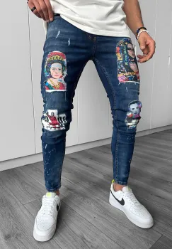 Blugi barbati conici albasatri cu stikere 1446 imagine