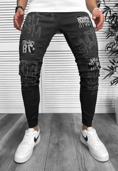 Blugi barbati conici  imprimeu si stikere  1253  G4-5 imagine