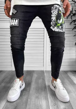 Blugi barbati conici negri cu stikere 1288 imagine