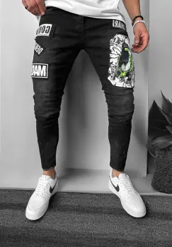 Blugi barbati conici negri cu stikere 1288 imagine