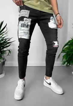 Blugi barbati conici negri cu stikere 1425 imagine