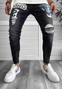 Blugi barbati conici negri cu stikere 1442 imagine