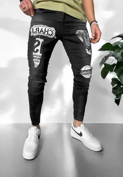 Blugi barbati conici negri cu stikere 1442 imagine