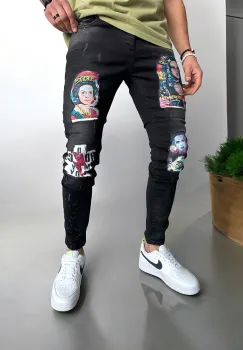 Blugi barbati conici negri cu stikere 1452 imagine