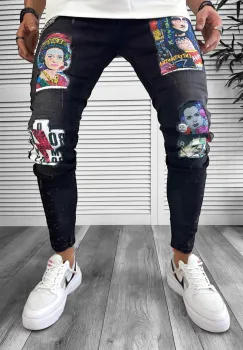 Blugi barbati conici negri cu stikere 1452 imagine