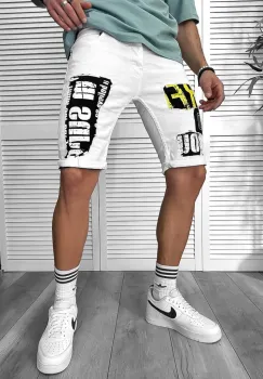 Blugi barbati scurti conici albi  cu stikere  4061 H6-5 imagine