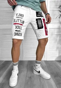 Blugi barbati scurti conici albi  cu stikere  4062 H3-3 imagine