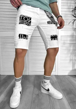 Blugi barbati scurti conici albi  cu stikere 4600 G1-3.3 imagine