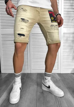 Blugi barbati scurti conici bej  cu stikere 7044 H6-4 imagine