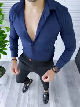 Camasa barbati bleumarin cu butoni slim fit B5342 E 17-3* imagine