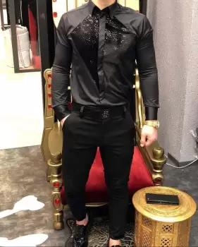 Camasa barbati neagra slim fit pentru evenimente B6128 7-1 imagine