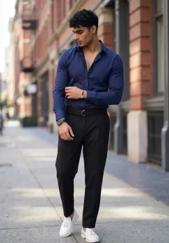 Camasa barbati slim fit bleumarin B8412 imagine