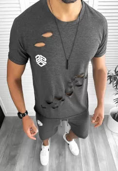 Compleu barbati tricou+pantaloni gri inchis 12775 imagine