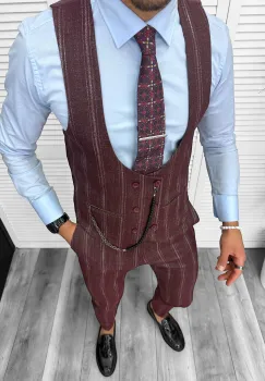 Compleu barbati  Vesta + Pantaloni grena B5517 Lant si cravata cadou Y8-3* imagine