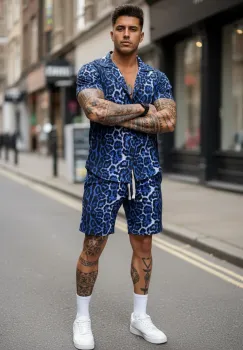 Compleu de vara camasa cu imprimeu + pantaloni animal print albastru P7 imagine