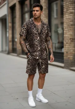 Compleu de vara camasa cu imprimeu + pantaloni animal print maro P7 imagine