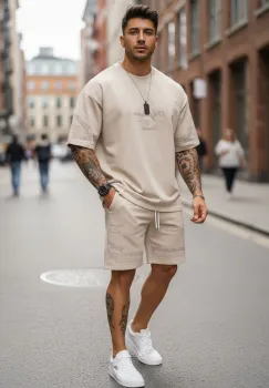 Compleu de vara tricou oversize + pantaloni bej 2513 imagine