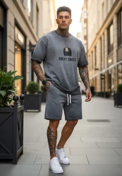 Compleu de vara tricou oversize + pantaloni gri 206 imagine