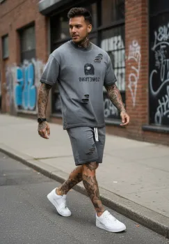 Compleu de vara tricou oversize + pantaloni gri 208 imagine