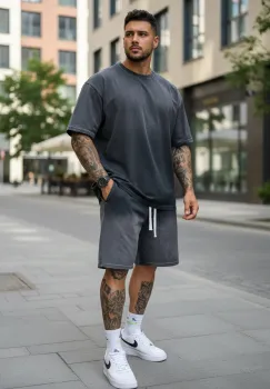 Compleu de vara tricou oversize + pantaloni gri inchis 202 imagine