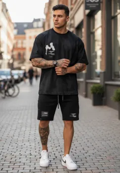 Compleu de vara tricou + pantaloni negru  imprimeu pe spate 012 42-5 imagine
