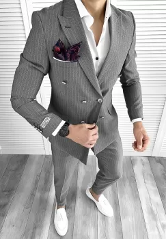 Costum barbati gri inchis in dungi slim fit in sacou + pantaloni 11712 imagine