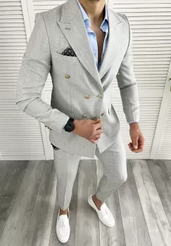 Costum barbati gri slim fit in sacou + pantaloni 11729 imagine