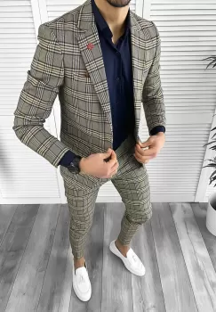 Costum barbati slim fit in carouri sacou + pantaloni 10268 imagine