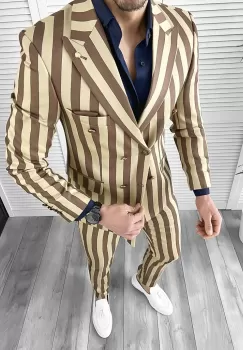 Costum barbati slim fit in carouri sacou + pantaloni bej 1047 imagine