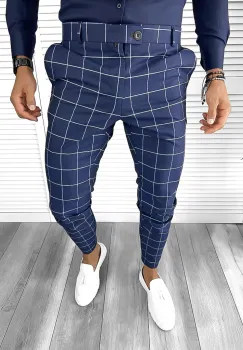 Pantaloni barbati casual regular fit bleumarin in carouri B7880 i1-3.2 imagine