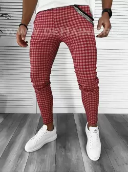 Pantaloni barbati casual regular fit rosii in carouri B1855 154-7 e F5-3 imagine