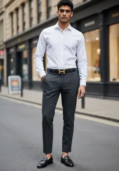 Pantaloni barbati eleganti gri cu dungi 1028 imagine