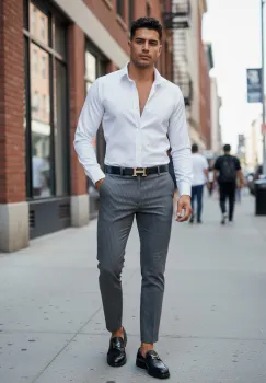 Pantaloni barbati eleganti gri cu dungi 13543 imagine