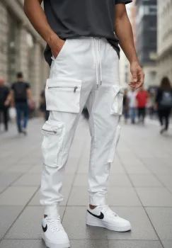 Pantaloni de trening cargo  albi  conici Y308 P20-4.1 imagine