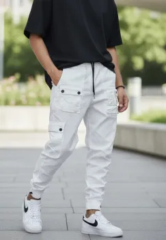 Pantaloni de trening cargo  albi  conici Y310 imagine