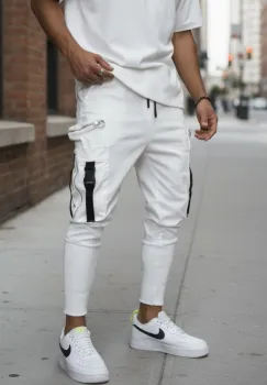 Pantaloni de trening cargo  albi  conici Y479 P18-4.3 imagine