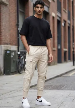 Pantaloni de trening cargo  bej  conici k075 imagine