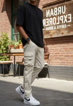 Pantaloni de trening cargo  bej  conici Y142 imagine